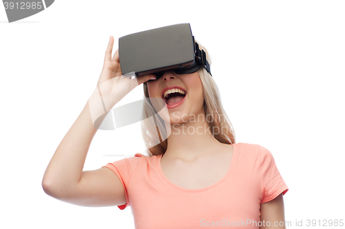 Image of woman in virtual reality headset or 3d glasses