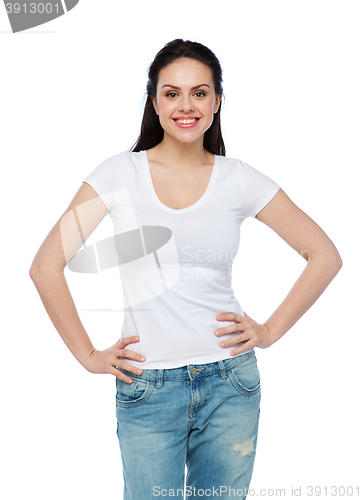 Image of happy young woman or teenage girl in white t-shirt