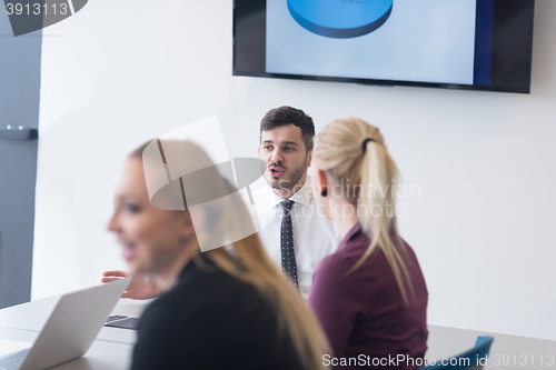 Image of young business people group on team meeting at modern office