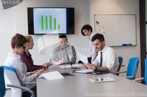 Image of young business people group on team meeting at modern office