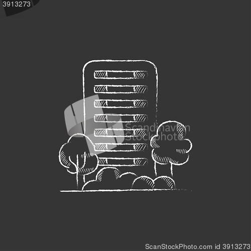 Image of Residential building with trees. Drawn in chalk icon.