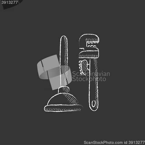 Image of Pipe wrenches and plunger. Drawn in chalk icon.