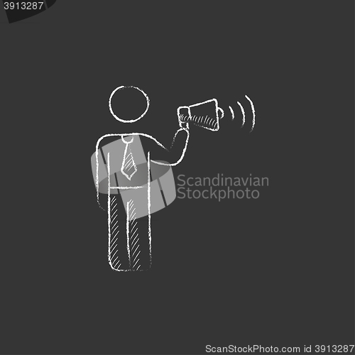 Image of Businessman with megaphone. Drawn in chalk icon.