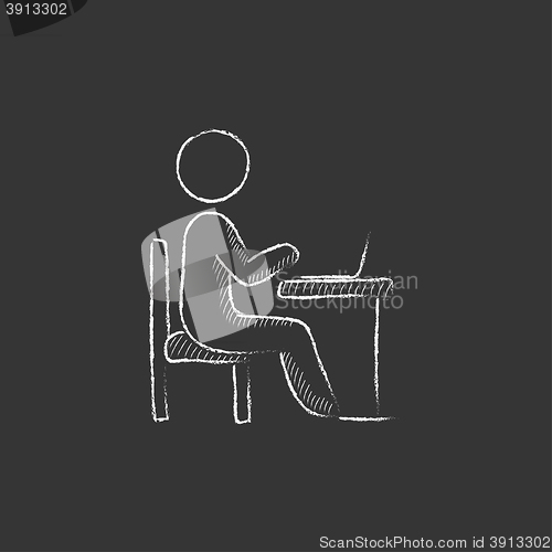 Image of Businessman working at his laptop. Drawn in chalk icon.