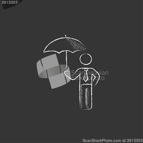 Image of Businessman with umbrella. Drawn in chalk icon.