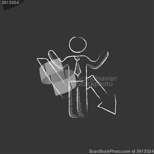 Image of Businessman with arrow down. Drawn in chalk icon.