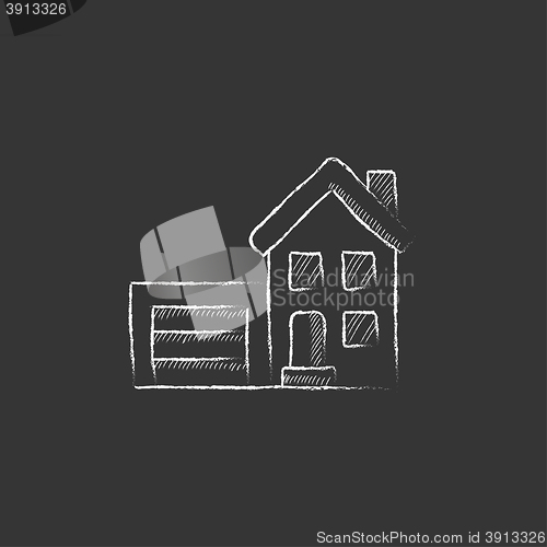 Image of House with garage. Drawn in chalk icon.