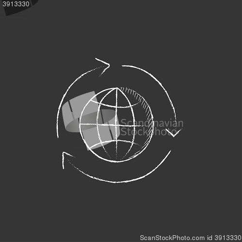 Image of Globe with arrows. Drawn in chalk icon.