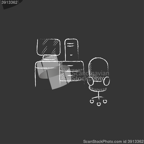 Image of Computer set with table and chair. Drawn in chalk icon.