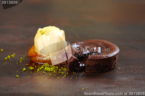 Image of chocolate fondant with mango sorbet