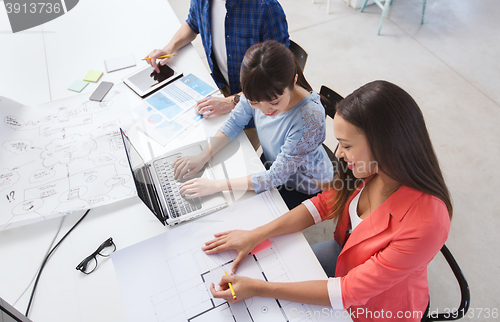 Image of creative team with laptop and blueprint at office