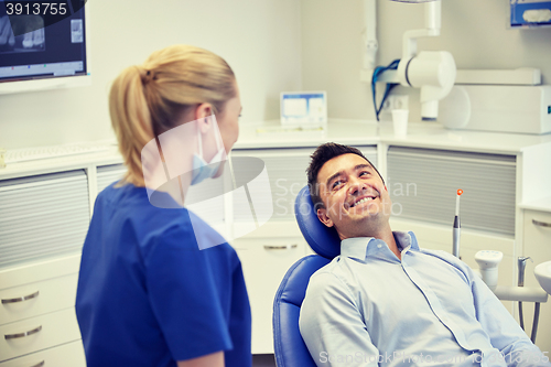Image of happy female dentist with man patient at clinic