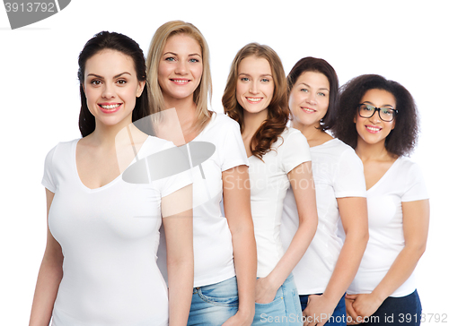 Image of group of happy different women in white t-shirts