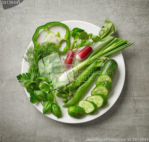 Image of plate of various fresh raw herbs and vegetables