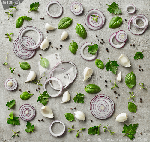 Image of various fresh herbs and vegetables