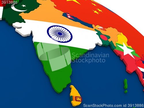 Image of India on globe with flags