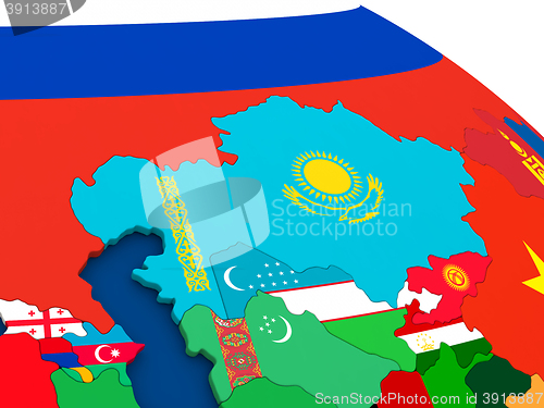 Image of Kazakhstan on globe with flags