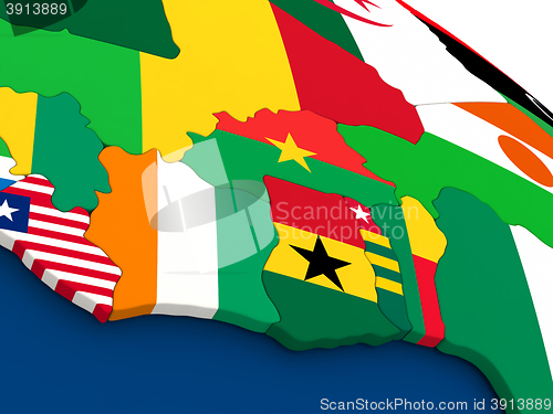 Image of Ivory Coast, Ghana and Burkina Faso on globe with flags