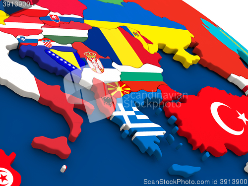 Image of Greece on globe with flags