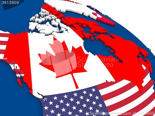 Image of Canada on globe with flags