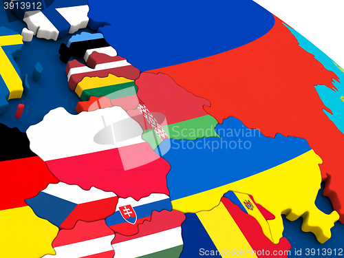 Image of East Europe on globe with flags