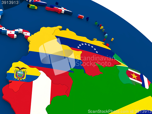 Image of Colombia and Venezuela on globe with flags