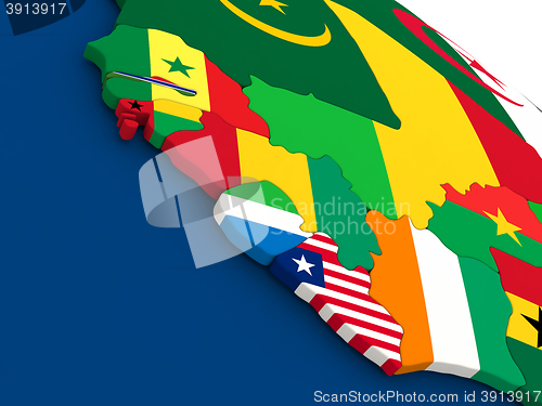 Image of Liberia, Sierra Leone and Guinea on globe with flags