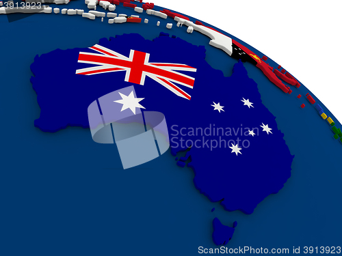 Image of Australia on globe with flags