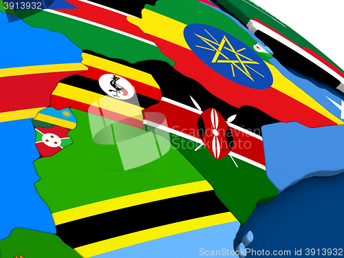 Image of Kenya, Uganda, Rwanda and Burundi on globe with flags