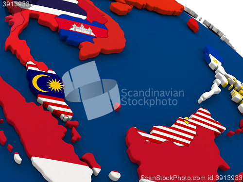 Image of Malaysia on globe with flags