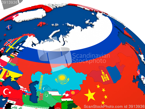 Image of Russia on globe with flags