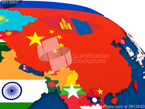 Image of China on globe with flags