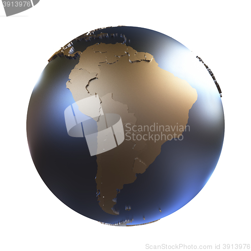 Image of South America on golden metallic Earth