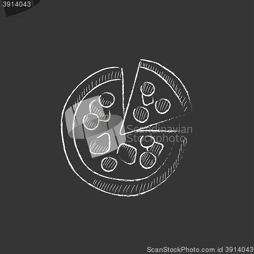 Image of Whole pizza with slice. Drawn in chalk icon.