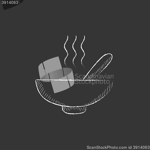 Image of Bowl of hot soup with spoon. Drawn in chalk icon.