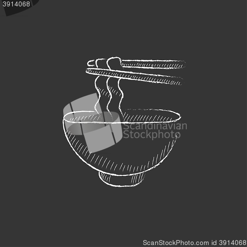 Image of Bowl of noodles with pair chopsticks. Drawn in chalk icon.