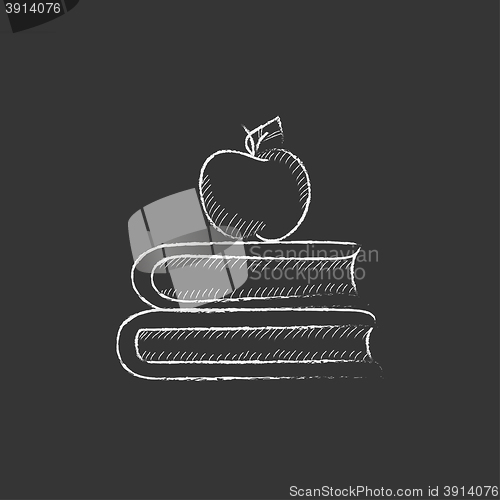 Image of Books and apple on top. Drawn in chalk icon.