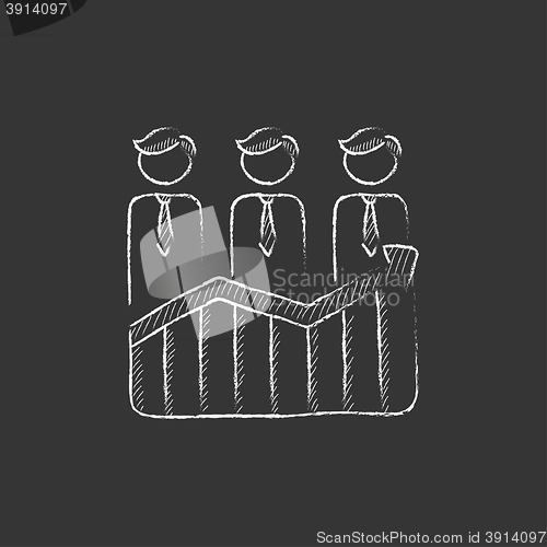 Image of Businessmen standing on profit graph. Drawn in chalk icon.