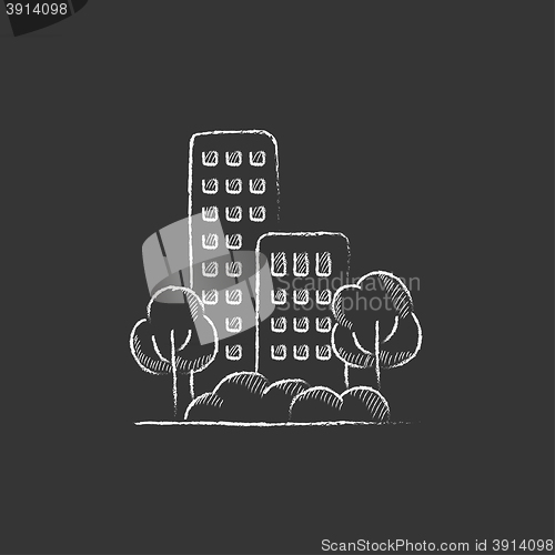 Image of Residential building with trees. Drawn in chalk icon.
