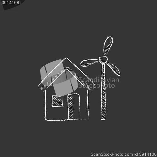 Image of House with windmill. Drawn in chalk icon.