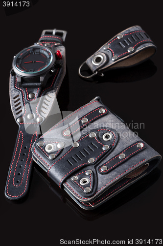 Image of accessory kit. biker watch, wallet and key ring. 