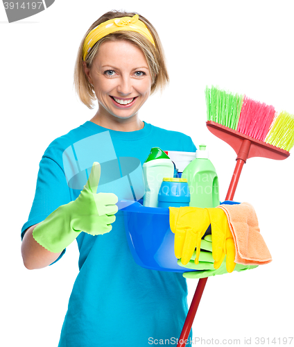 Image of Young woman as a cleaning maid