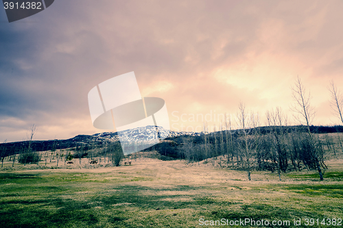 Image of Distant mountain with a grass field