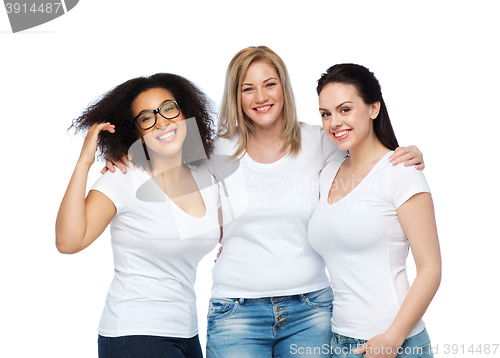 Image of group of happy different women in white t-shirts