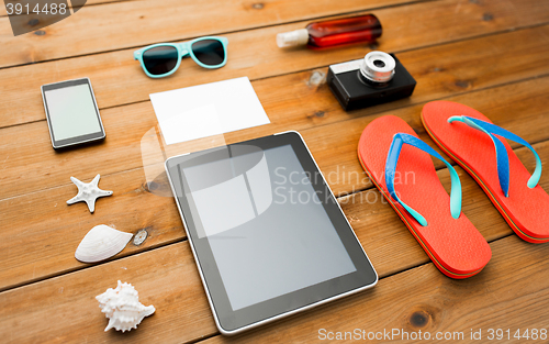 Image of close up of tablet pc and travel stuff