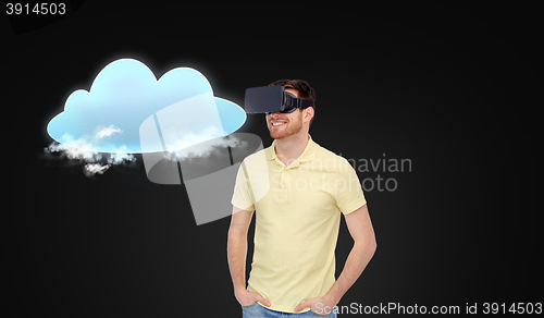 Image of happy man in virtual reality headset or 3d glasses