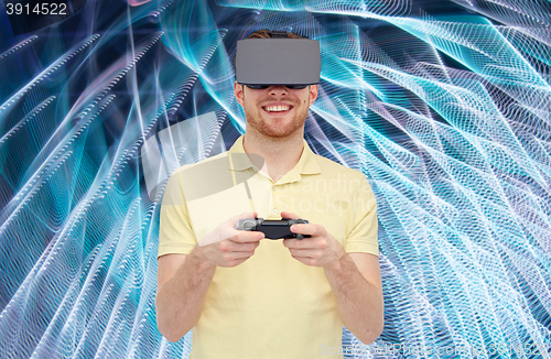 Image of man in virtual reality headset or 3d glasses