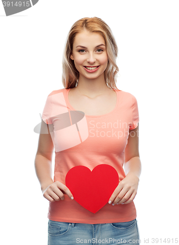 Image of happy woman or teen girl with red heart shape