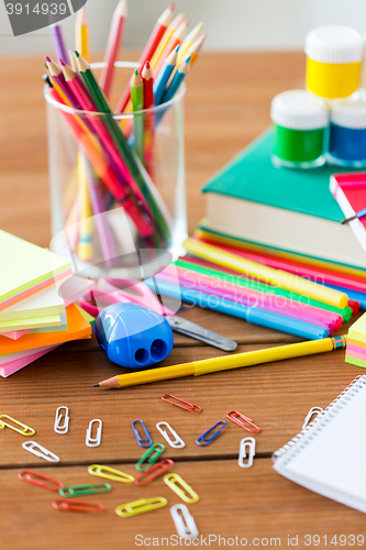 Image of close up of stationery or school supplies on table