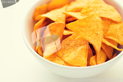 Image of close up of corn crisps or nachos in bowl